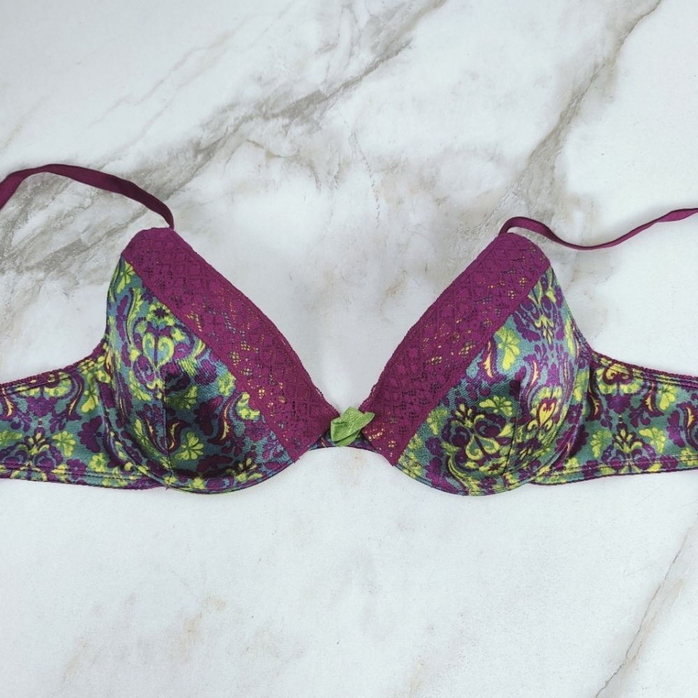 VTG Y2K Flirtitude Green Purple Lace Push Up Bra, Sz 34B